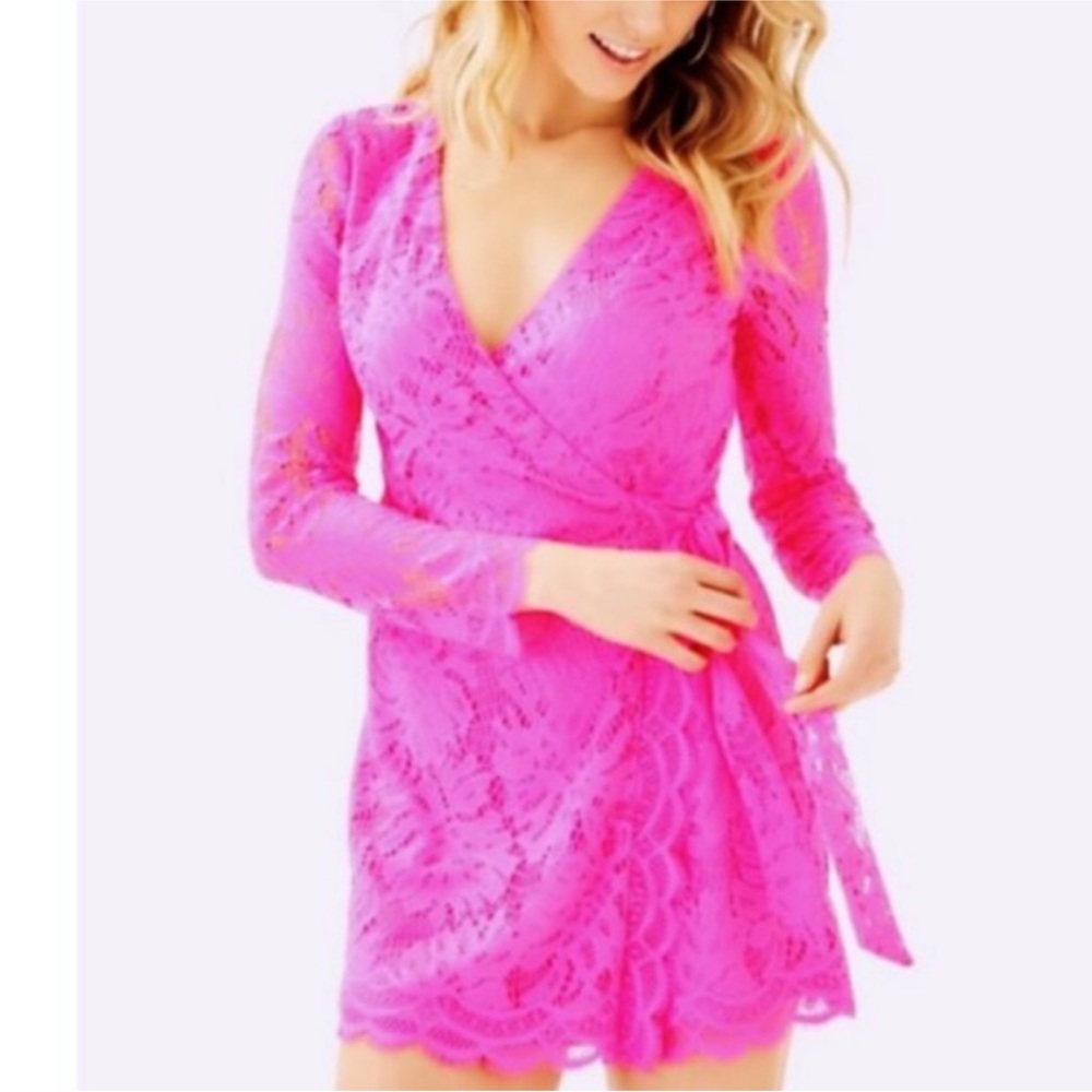 Lilly Pulitzer lace Tiki Wrap Romper In Pink size small dress shorts 1-pc